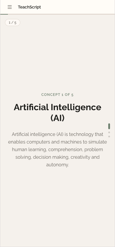 TeachScript on a phone showing concept 1 of 5, "Artificial Intelligence (AI)", with a short definition and a progress rail down the right edge.
